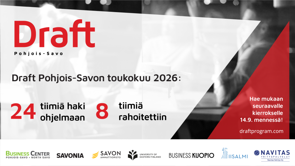 Draft Pohjois-Savon toukokuu 2026: 24 tiimiä haki ohjelmaan, 8 tiimiä rahoitettiin. Hae mukaan seuraavalle kierrokselle 14.9. mennessä!