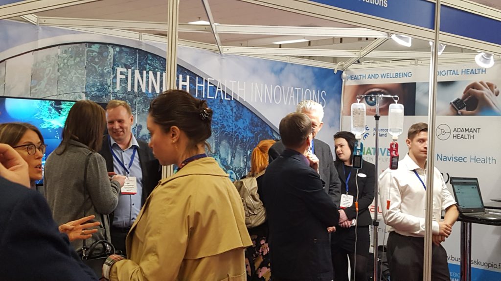 Yhteinen messuosasto Lontoon Future Healthcare 2019 -messuilla kantoi nimeä ”Finnish Health Innovations”.