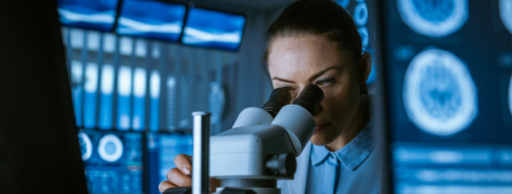 illustration, woman looking into a microscope