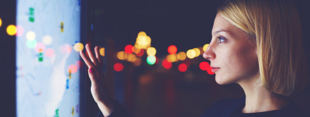 illustration, woman working on touch screen