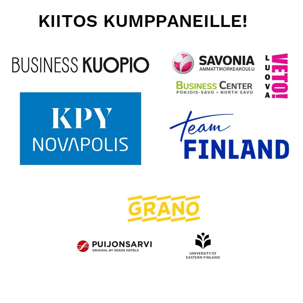 Kuopion alueen kauppakamarin ja Sawosta maailmalle -tapahtuman kumppanien logot: BusinessKuopio, Savonia-amk, Business Center, Luova veto, KPY NovapolisTeam Finland, Grano, Puijonsarvi, UEF